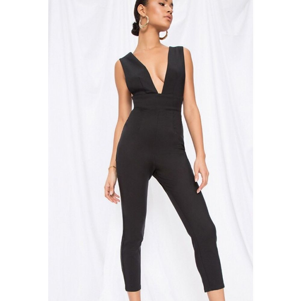 SHOWPO DEEP V-NECK SLEEVELESS LONG HIDDEN LOW BACK ZIPPER CLOSURE WOMEN"S ROMPER